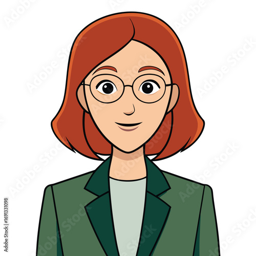 Stylized flat portrait of a smiling professional woman with glasses and red hair