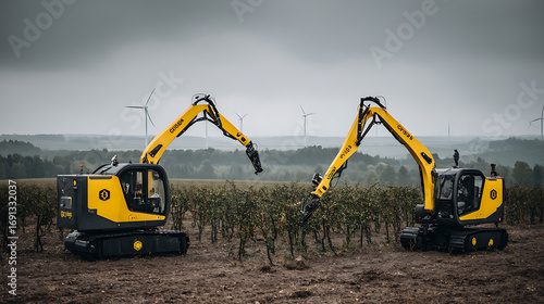 Two compact excavators operate in a vineyard under overcast skies