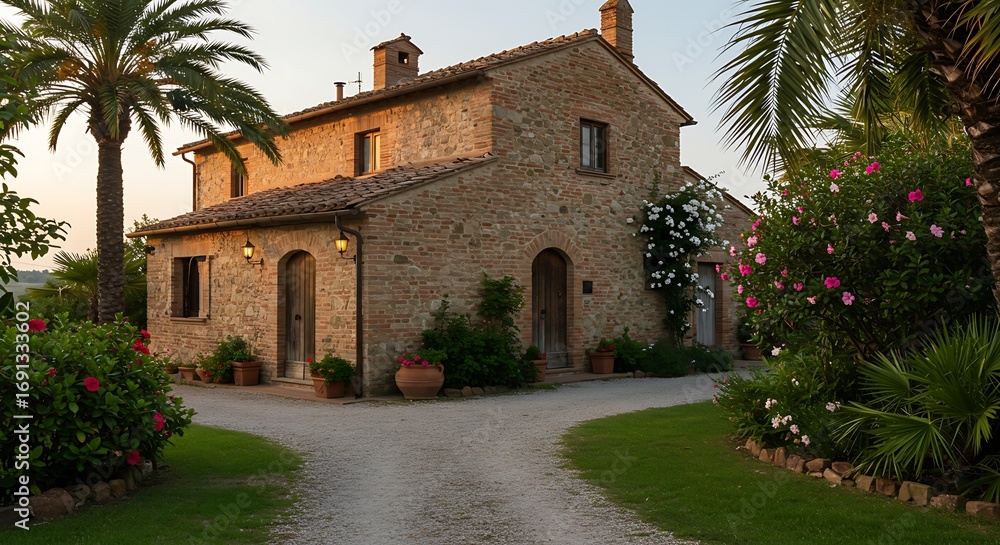 Naklejka premium Exterior of a rustic house located in the Italian countryside, featuring charming brickwork with tropical landscaping. Premium Home Exterior Inspiration