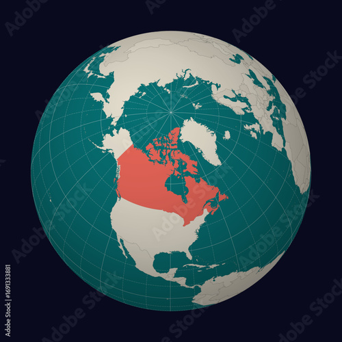 Canada on the map. Globe centered to Canada. Country location on the world map. Teal Pale Mint color palette. Globe with countries, meridians and parallels. Vibrant vector illustration.