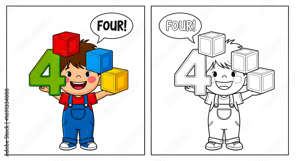 Fototapeta premium Coloring Pages Number Four with a Boy, Cubes, and Speech Bubble - Educational Coloring Fun