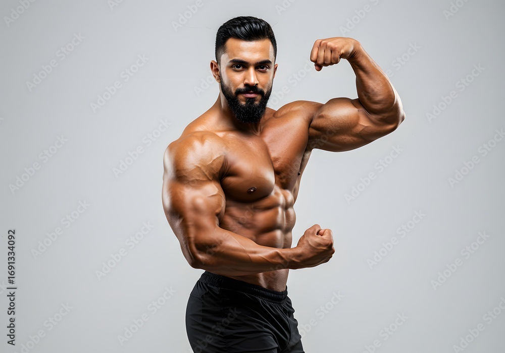 Fototapeta premium Muscular Man Flexing Biceps, Bodybuilder Posing, Fitness Model, Athletic Body, Showing Strength and Physique.