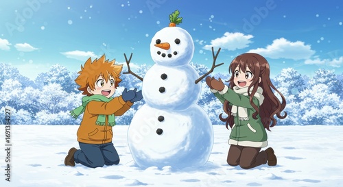 Cute anime kids in winter attire happily build a snowman in a snowy landscape with trees