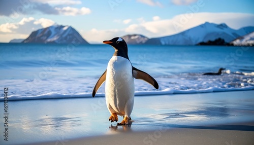 Gentoo penguin on a beach at dawn