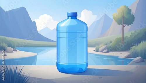 Large blue plastic water bottle by a lake
