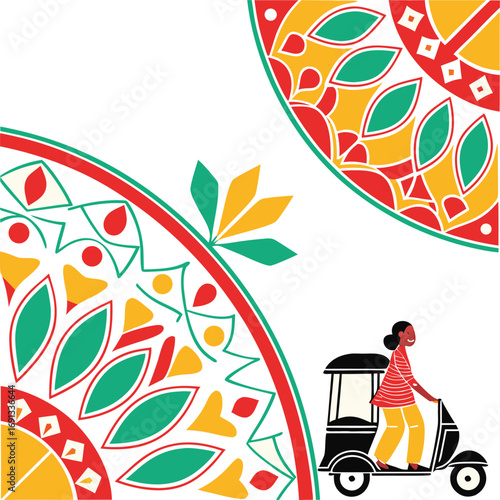 Vibrant Bangladeshi folk art motifs with a rickshaw rider in traditional attire vector