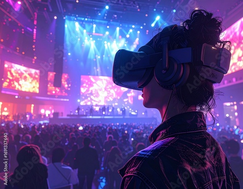 A person wearing a virtual reality headset observes a vibrant, futuristic concert scene filled with a large audience and colorful stage lighting.