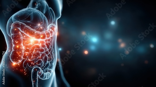 Human body with highlighted intestines showing inflammation or pain in the abdomen.