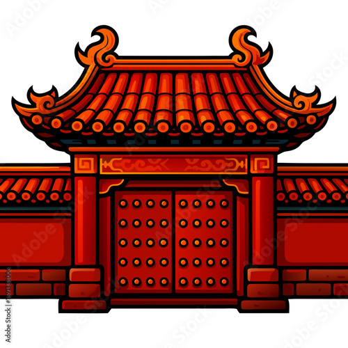 Chinese forbidden city gate icon. Traditional Chinese gate with ornate red roof design. Ornate gate of temple izolated