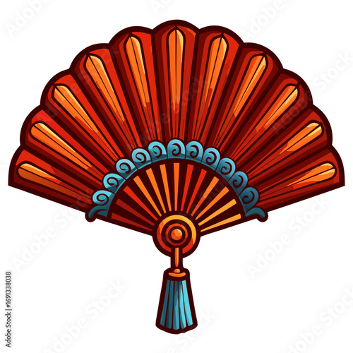 Chinese red fan with gold details. Decorative red handheld fan with blue accents and tassel  izolated