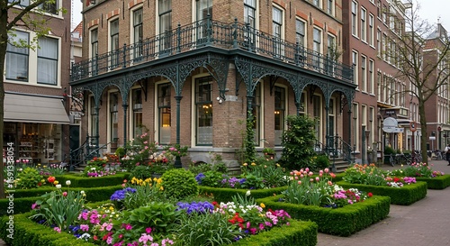 Wallpaper Mural Exterior of a elegant house located in a vibrant Dutch city center, featuring intricate iron railings with lush green gardens.   Elegant and Timeless Style Torontodigital.ca