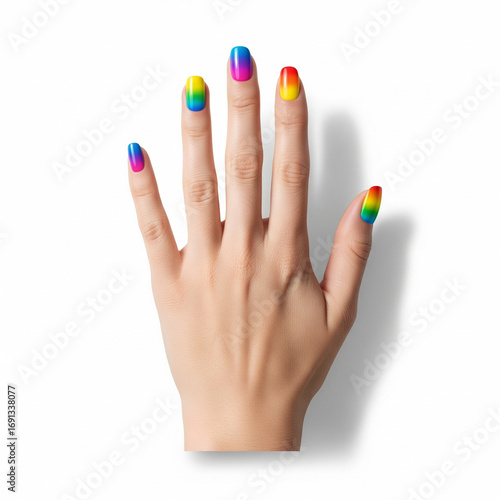 Female Hand with Vibrant Rainbow-Colored Nails Showing Beautiful Manicure on Isolated transparent background