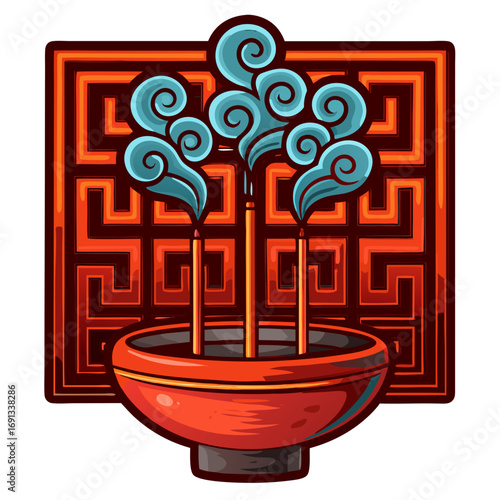 Temple incense smoke. Traditional incense burner with smoke on decorative backgrou izolated