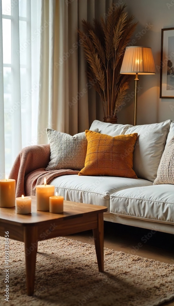 Fototapeta premium Cozy living room interior with stylish throw pillows, a warm rug, and decorative candles on a coffee table, creating a relaxing atmosphere , house decor, decoration
