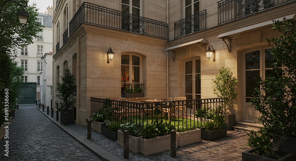 Fototapeta premium Exterior of a elegant house located in a historic Parisian street, featuring intricate iron railings with a chic outdoor dining area. Elegant and Timeless Style