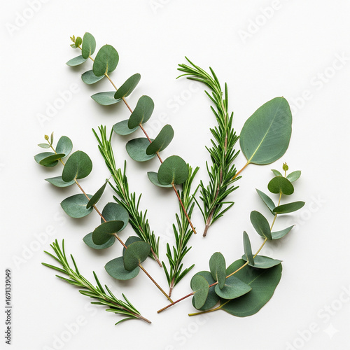 Fresh Green Eucalyptus and Rosemary Branches Arranged for Aromatic Use on Isolated transparent background