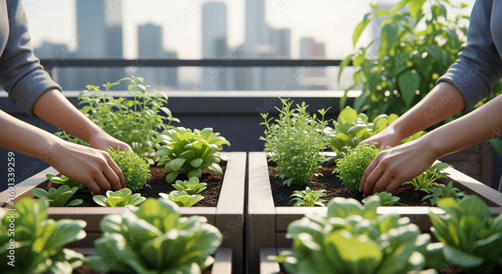 Obraz premium Two people are seen tending to an urban rooftop garden, with hands planting fresh green vegetables and herbs in planter boxes.
