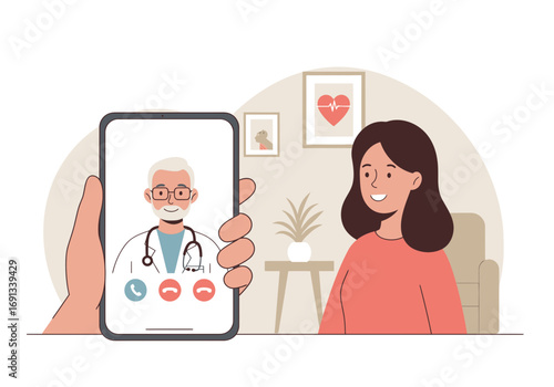 Comfortable telehealth visit with kind doctor on mobile device, woman receiving medical advice from home, modern wellness, digital healthcare