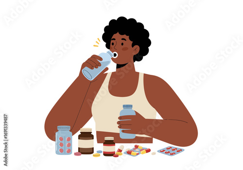 Healthy African American woman taking daily vitamins and supplements for wellness, drinking water with capsules and pills. Modern preventative care.