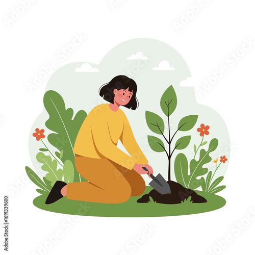 Smiling woman planting a tree seedling in garden, nurturing nature, sustainable lifestyle, environmental care, gardening hobby, growing plants at home
