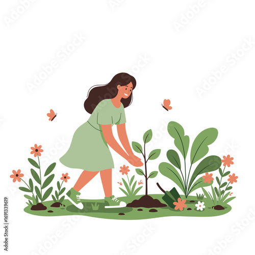 Young woman planting a tree surrounded by flowers and butterflies, nurturing nature and promoting sustainability for a greener future today
