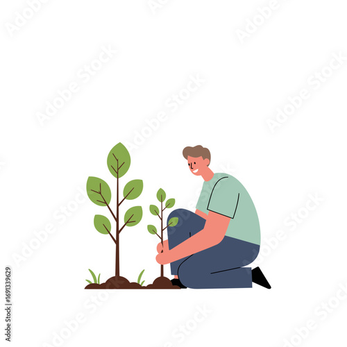 Man Planting a Sapling with Care, Cultivating Growth and Sustainability for a Brighter Future, Showing Environmental Responsibility and Hope