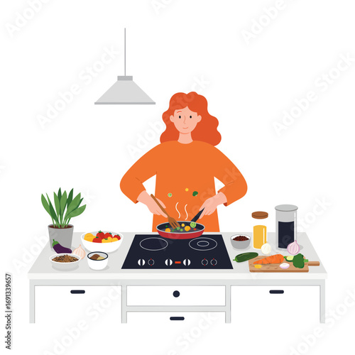 Woman cooking delicious healthy vegetables in her modern kitchen, creating a vibrant lifestyle scene, illustrating healthy eating habits and culinary skills