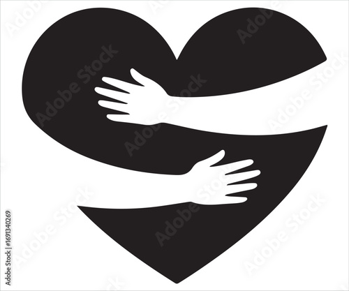 Vector silhouette of heart with hugging hands compassion love symbol