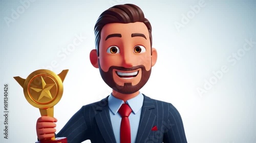 Animation of happy businessman receiving award or medal in cartoon style.