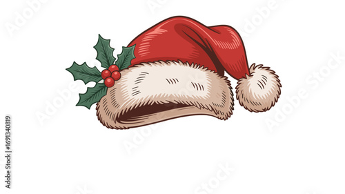 A festive Santa Claus hat with holly berries.