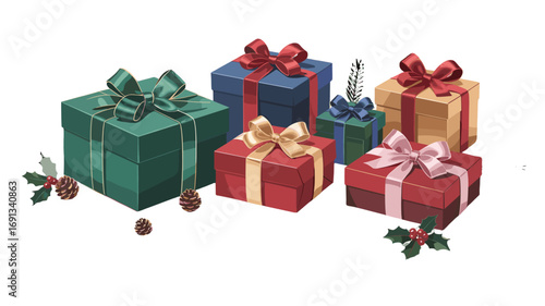 Festive gift boxes with ribbons and bows arranged together.