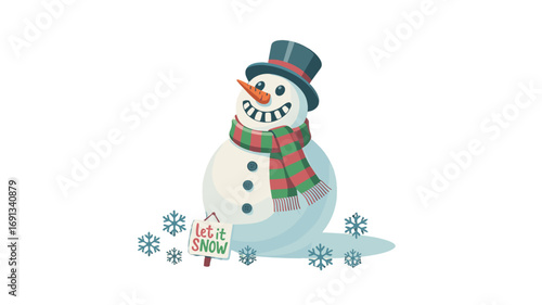 A cheerful snowman in a winter wonderland scene.