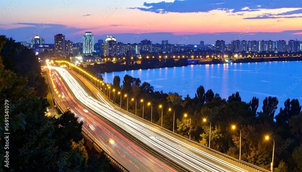 Fototapeta premium City highway at twilight over a river