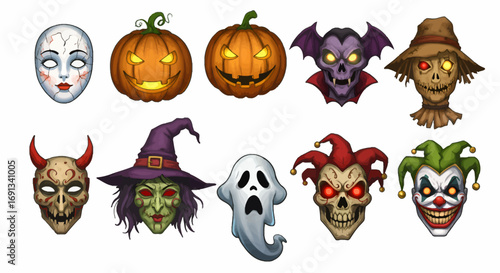 A collection of spooky Halloween character faces and masks, including pumpkins, a witch, and a vampire.