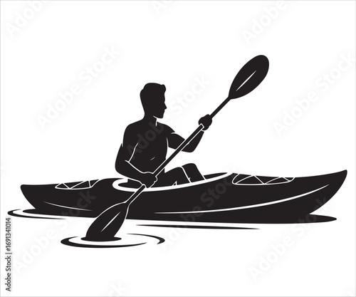 Silhouette of man kayaking with paddle on water vector illustration, outdoor adventure and sports concept isolated on white background, canoeing, exploration, travel, recreation, and fitness design
