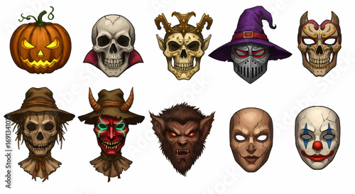 A collection of Halloween-themed character portraits, including masks, skulls, and monsters.