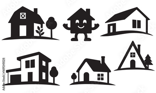 Vector art of collection of diverse house silhouettes, showcasing various architectural styles from around the world, including traditional, modern, and whimsical designs