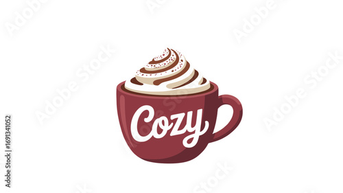 A warm, inviting cup of cocoa, adorned with a generous swirl of whipped cream.