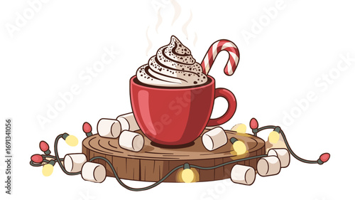 A delightful image of a steaming hot chocolate drink adorned with whipped cream, marshmallows, and a candy cane.