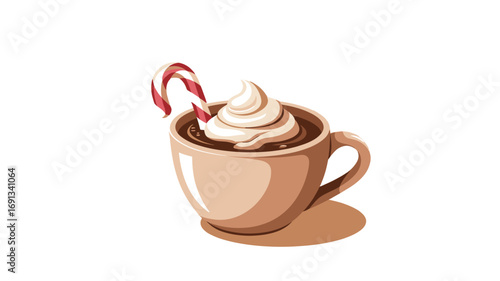 A cup of hot chocolate with whipped cream and a candy cane.