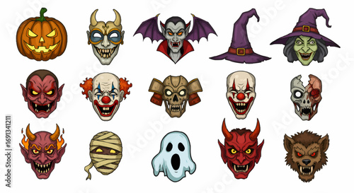 A collection of spooky Halloween character faces, including demons, vampires, clowns, and monsters.