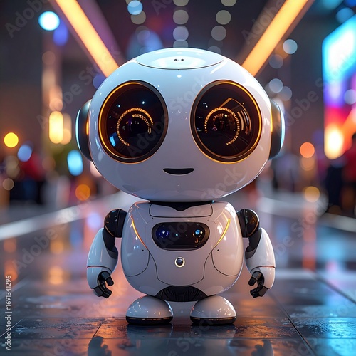 A friendly, small white robot with large, glowing orange eyes and headphones stands on a reflective surface amidst a blurred, colorful urban backdrop.