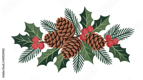 Festive holiday decoration with pine cones, holly leaves and berries.