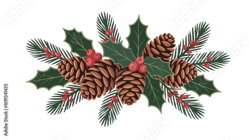 Festive Christmas arrangement with pinecones and holly leaves.