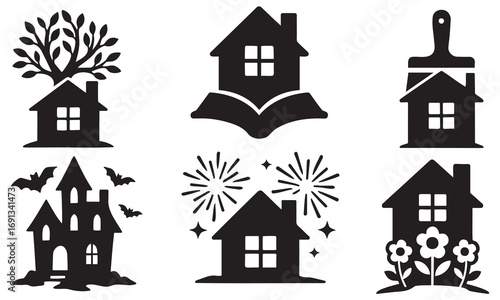 Vector art of collection of house icons, showcasing different concepts like tree house, book house, paint house, halloween house, fireworks house, flower house, each design unique and creative