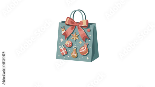 Festive gift bag adorned with holiday decorations.