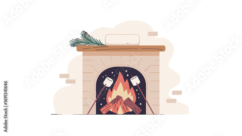 Cozy fireplace scene with burning fire and roasting marshmallows.