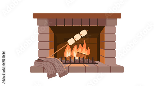 Cozy scene of marshmallow roasting over a warm fireplace.
