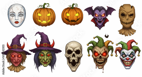 Collection of spooky Halloween masks and faces, including pumpkins, vampire, scarecrow, witches, skull, and evil clowns.