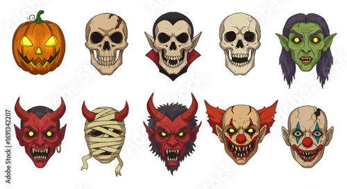 A collection of Halloween-themed cartoon icons featuring a pumpkin, skulls, vampire, witch, devil, mummy, and creepy clown faces on a white background.
